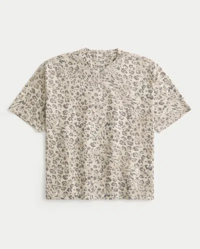 Hollister Boxy Crop Heavyweight Leopard Print Crew T-shirt In Brown