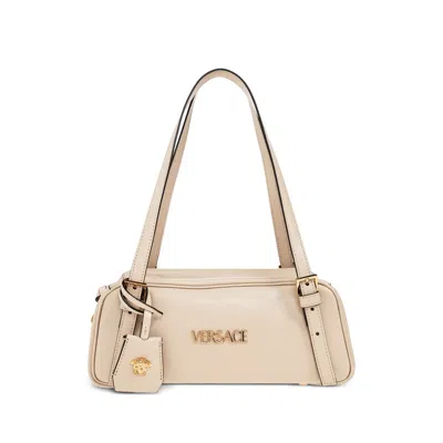 Versace Tag Bowling White Shoulder Bag With Metallic Logo Lettering And Medusa Head Pendant In Leather Woman