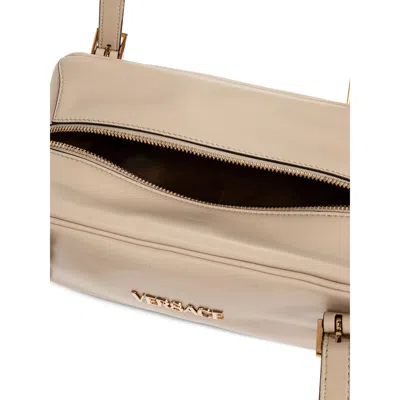 Versace Tag Bowling White Shoulder Bag With Metallic Logo Lettering And Medusa Head Pendant In Leather Woman