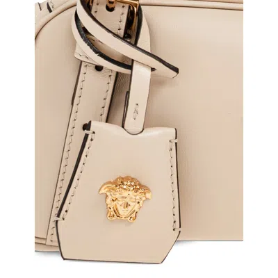Versace Tag Bowling White Shoulder Bag With Metallic Logo Lettering And Medusa Head Pendant In Leather Woman