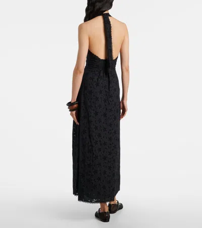 Posse Salma Embroidered Halterneck Cotton Midi Dress In Black