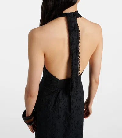 Posse Salma Embroidered Halterneck Cotton Midi Dress In Black