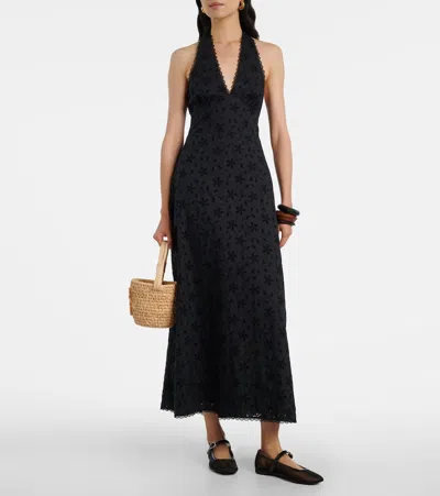Posse Salma Embroidered Halterneck Cotton Midi Dress In Black