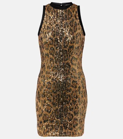Roberto Cavalli Sequined Leopard-print Minidress In Brown