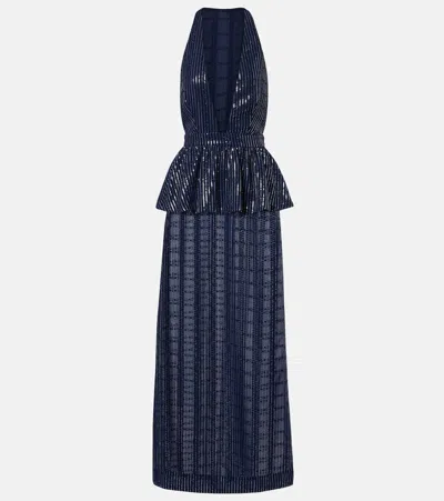 Adriana Degreas Sequined Peplum Maxi Dress In Blue