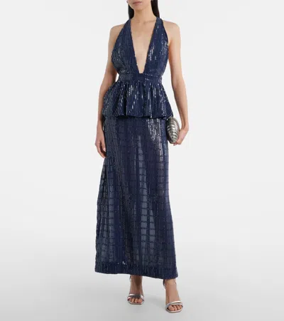 Adriana Degreas Sequined Peplum Maxi Dress In Blue