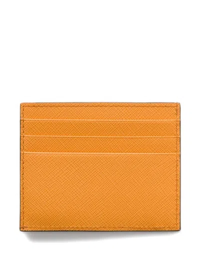 Prada Mens Orange Triangle-plaque Leather Card Holder In Orange