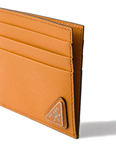 Prada Mens Orange Triangle-plaque Leather Card Holder In Orange