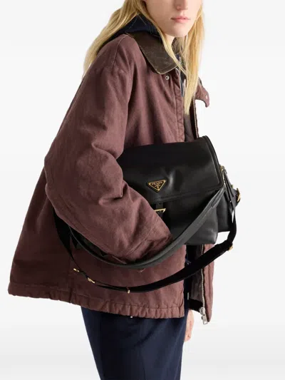 Prada Logo Leather Shoulder Bag In Black