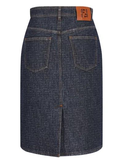 Fendi Flared Midi Denim Skirt With All-over Quilted Ff Motif Clothing In Blue