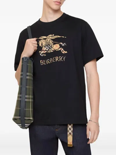 Burberry Men Black Crewneck T-shirt With Ekd And Logo Lettering Embroidery On The Front In Cotton Ma In Black