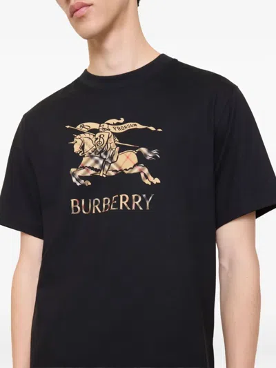 Burberry Men Black Crewneck T-shirt With Ekd And Logo Lettering Embroidery On The Front In Cotton Ma In Black