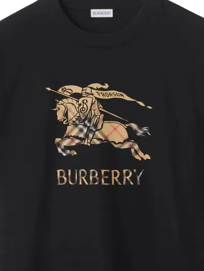 Burberry Men Black Crewneck T-shirt With Ekd And Logo Lettering Embroidery On The Front In Cotton Ma In Black