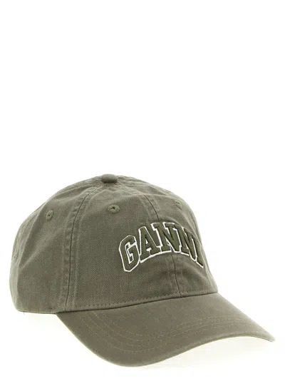 Ganni Green Baseball Cap With Logo Lettering Embroidery On The Front And Logo Patch On The Rear In Cotton  In Green