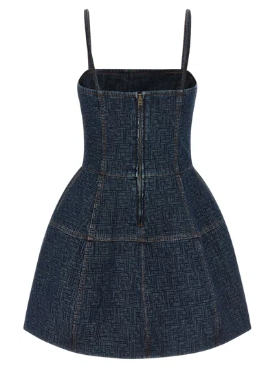 Fendi Ff Denim Dress Fitted Bodice Straps In Blue