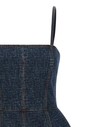 Fendi Ff Denim Dress Fitted Bodice Straps In Blue