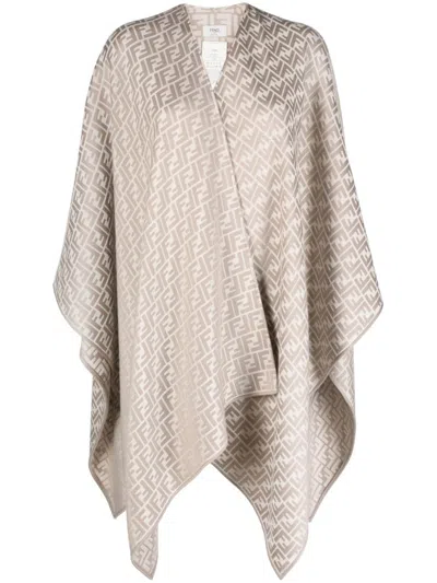 Fendi Women Ff Wool And Silk Poncho In Neutral