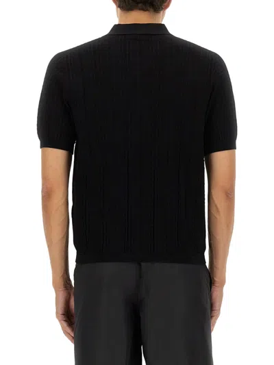Balmain Textured Black Knitted Polo With Classic Collar In Black
