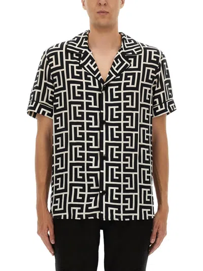 Balmain Monogram Printed Short-sleeved Shirt In Black