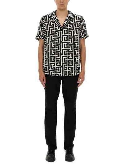 Balmain Monogram Printed Short-sleeved Shirt In Black