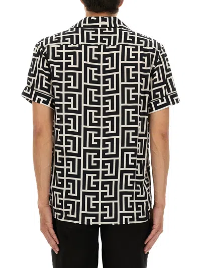 Balmain Monogram Printed Short-sleeved Shirt In Black