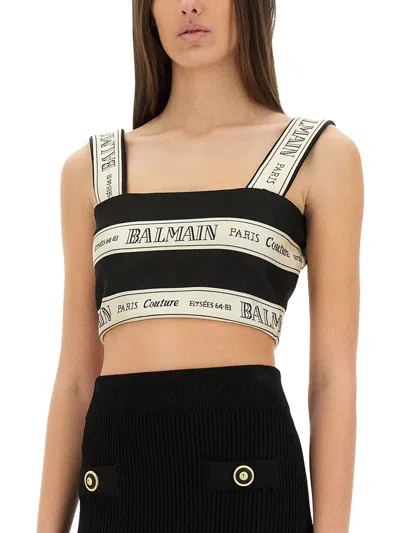 Balmain Striped Jacquard Crop Top In Black