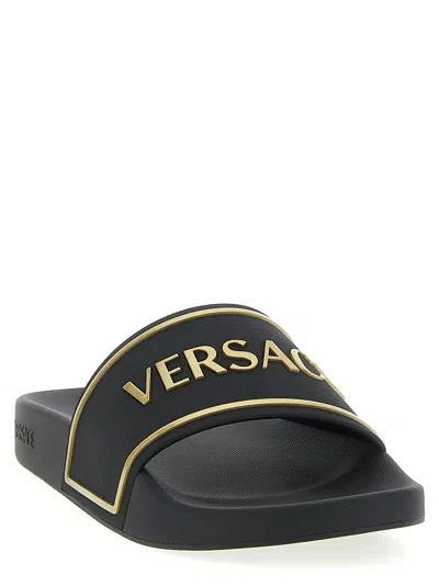Versace Black Sandals With Logo Printed On The Front In Multi