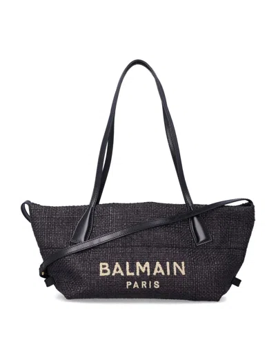 Balmain Small Track Tote Bag In Raffia In Black