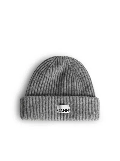 Ganni Grey Wool Blend Beanie In Gray