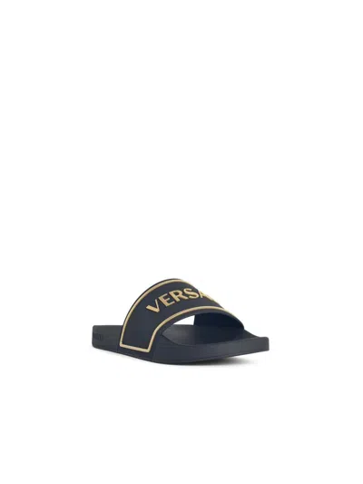 Versace Black Sandals With Logo Printed On The Front In Multi