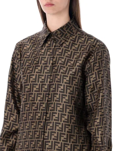 Fendi Ff Silk Jacquard Oversized Shirt In Brown