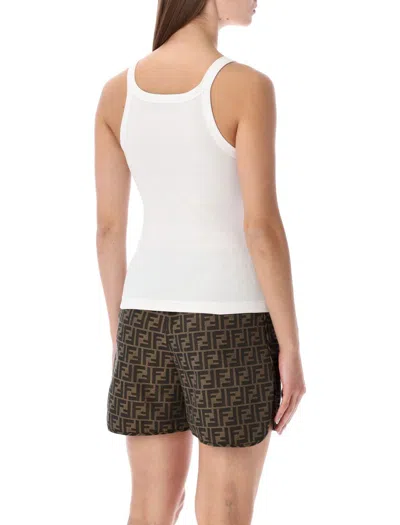 Fendi Women White Ribbed Tank Top With Contrasting Logo Embroidery In Stretch Cotton Woman In White
