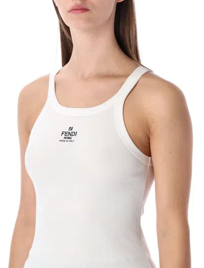 Fendi Women White Ribbed Tank Top With Contrasting Logo Embroidery In Stretch Cotton Woman In White