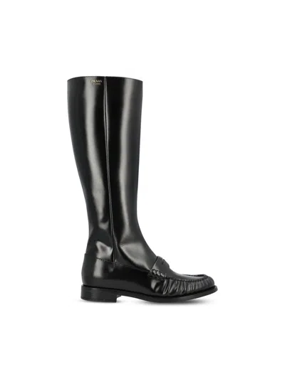 Prada Knee-high Leather Boots Glossy Finish In Multi