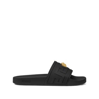 Versace Black Sandals With Medusa Plaque On The Front In Tech Fabric Man In Animal Print