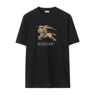 Burberry Men Black Crewneck T-shirt With Ekd And Logo Lettering Embroidery On The Front In Cotton Ma In Black