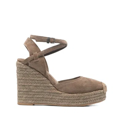 Brunello Cucinelli Embellished Suede Platform Wedge Espadrille Sandals In Multi
