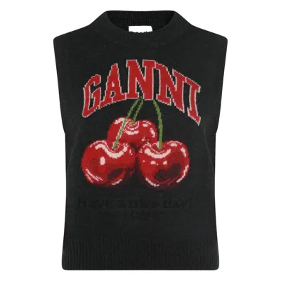 Ganni Sleeveless Intarsia Knit Crew Neck Top In Black