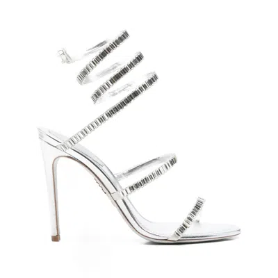René Caovilla Metallic Leather Strass Snake Ankle Wrap Sandals In Silver