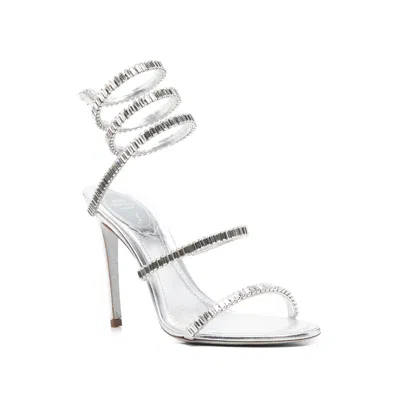 René Caovilla Metallic Leather Strass Snake Ankle Wrap Sandals In Silver