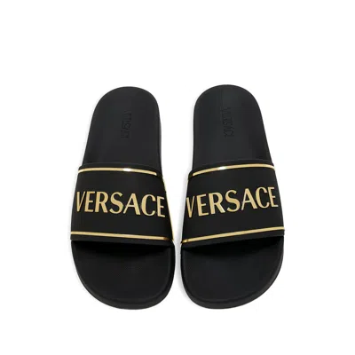 Versace Black Sandals With Logo Printed On The Front