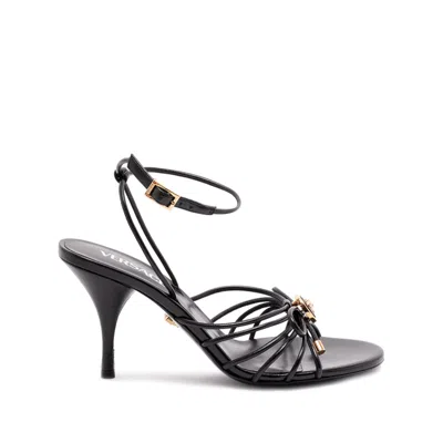 Versace Nappa Leather Sandals Strappy Design Ankle Strap In Black