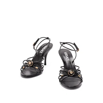 Versace Nappa Leather Sandals Strappy Design Ankle Strap In Black