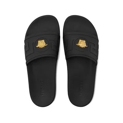 Versace Black Sandals With Medusa Plaque On The Front In Tech Fabric Man In Black