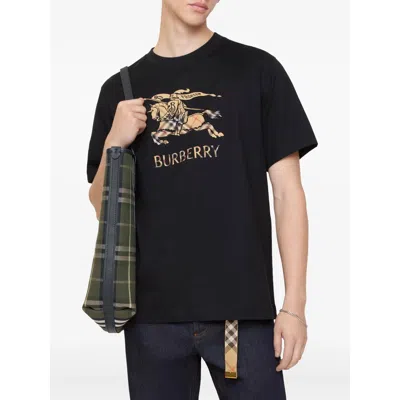 Burberry Men Black Crewneck T-shirt With Ekd And Logo Lettering Embroidery On The Front In Cotton Ma In Multi