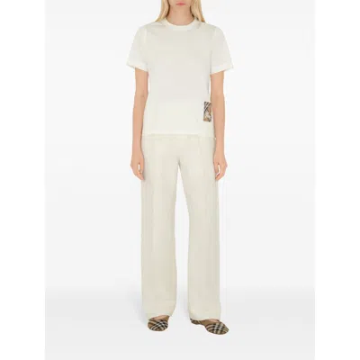 Burberry Women White T-shirt With Logo Patch With Check Motif On The Front In Cotton Woman In Neutral