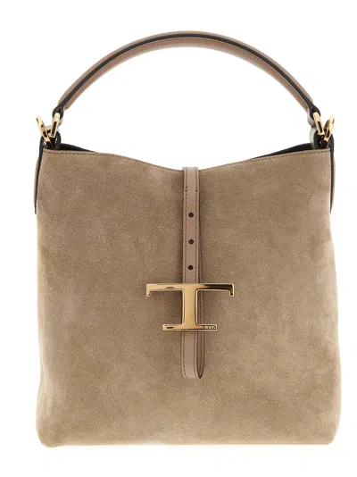 Tod's T Mini Bucket Bag Adjustable Strap Top Handle In Brown