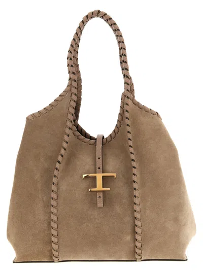 Tod's T Medium Suede Hobo Shoulder Bag Braided Handles In Brown