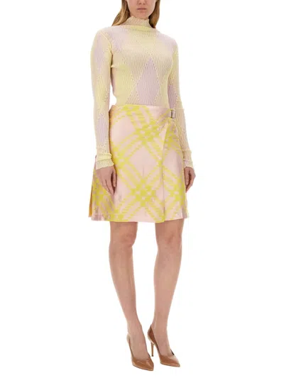 Burberry Pink And Yellow Kilt With Check Pattern Skirt For Women Ss24 In Multi