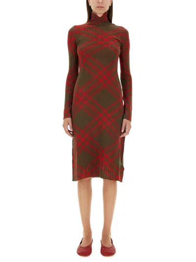 Burberry Check Wool Blend Dress In Burgundy
